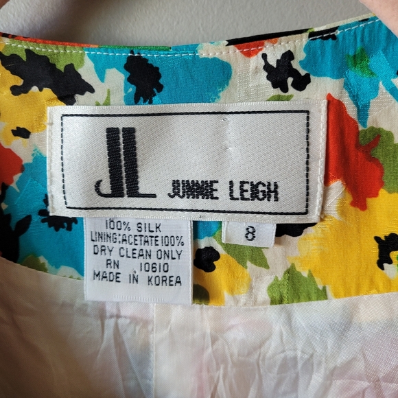 1980s floral silk cocktail dress puff shoulders dress with contrast skirt - Picture 4 of 16